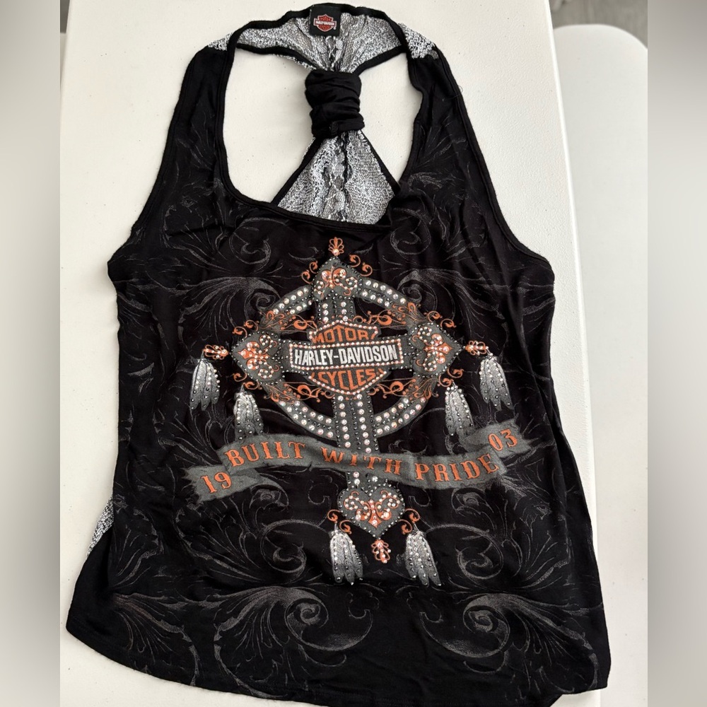 Harley-Davidson Black Tank with Orange and Silver Embellished Logo